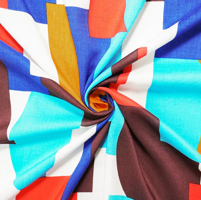 100CV Rayon Voile Blue Yellow Multi Geometric Printed Woven
