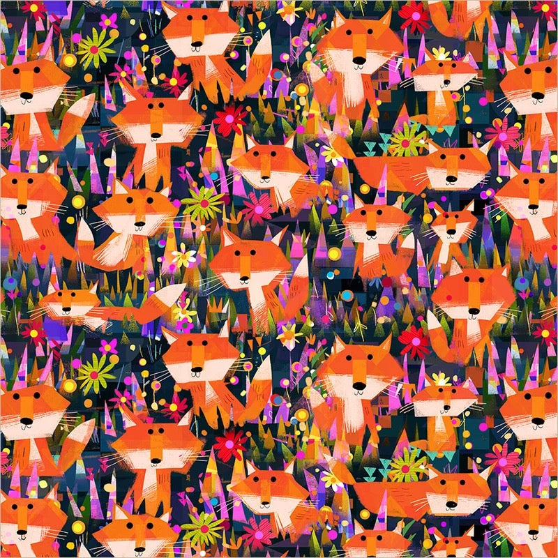 Animal Kingdom - Foxes and Flowers Midnight Blue
