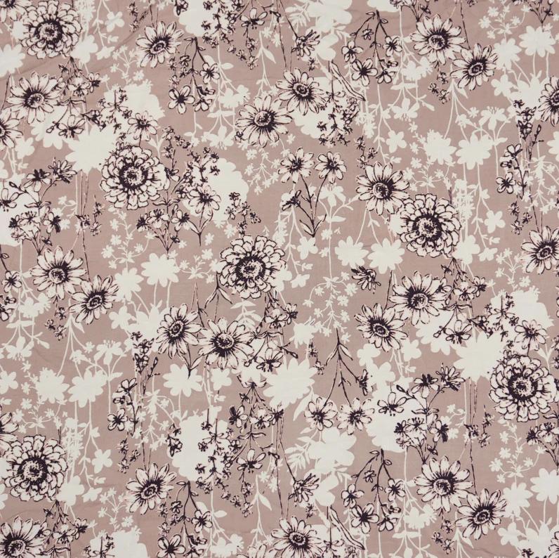 100CV Rayon Challis Brown White Multi Floral Printed Woven